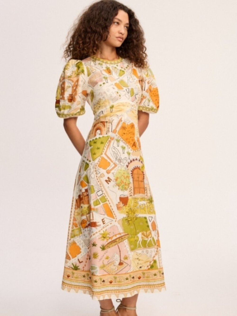 Alemais Bazaar 100% Linen Short Sleeve Midi Print Dress Size US 6